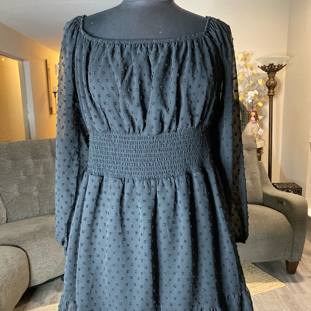 Justify Black Swiss Dot Smocked Mini Dress – Size Large